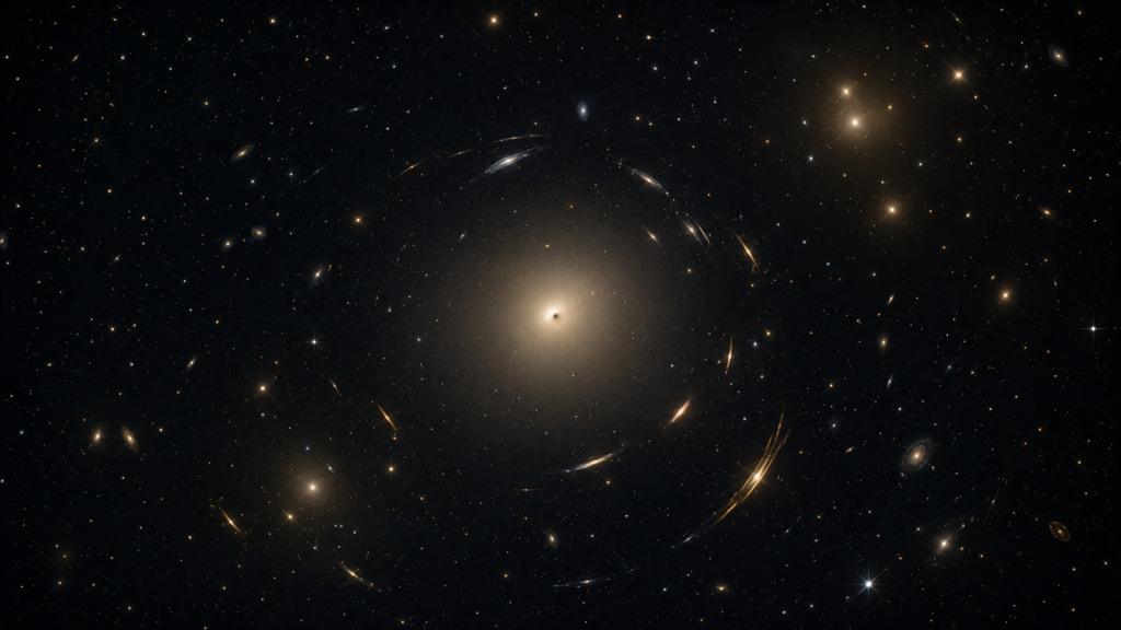 Illustrazione di una galassia lontana amplificata da una lente gravitazionale, usata per rappresentare la misura della massa di un buco nero dormiente osservato con JWST.